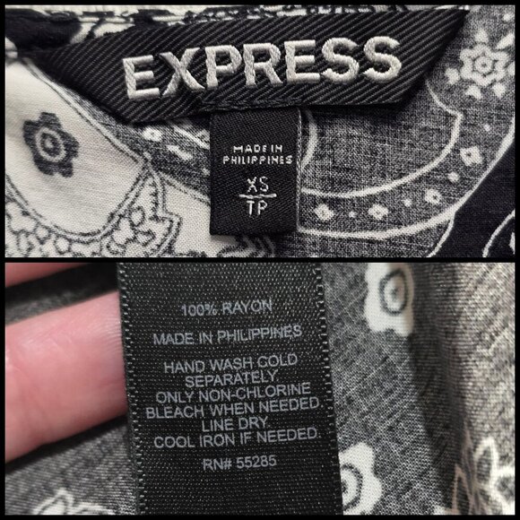 Express ✦ Black White Paisley Bell Sleeve Blouse ✦ Keyhole Back Rayon XS EUC - Picture 8 of 10